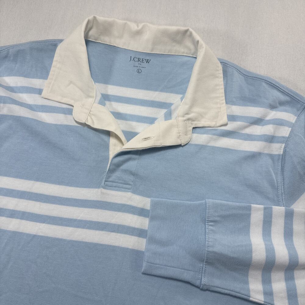J. Crew Mens Rugby Shirt Size Large White Blue Striped Preppy Long Sleeve
